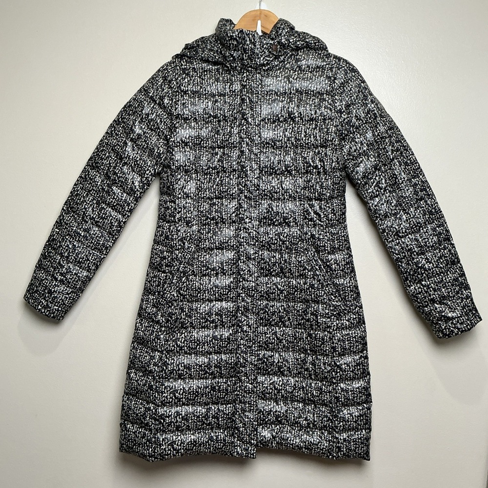 Lands' End Women's Ultralight Packable Long Down Coat XS Pattern Hood EUC‎